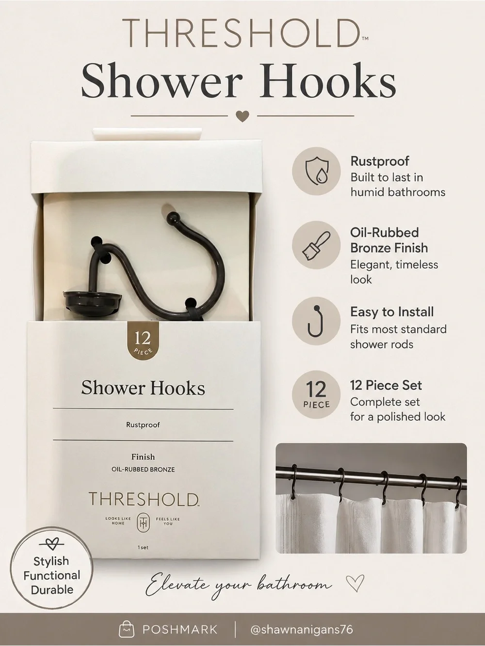 Threshold Oil-Rubbed Bronze Shower Hooks - Brown